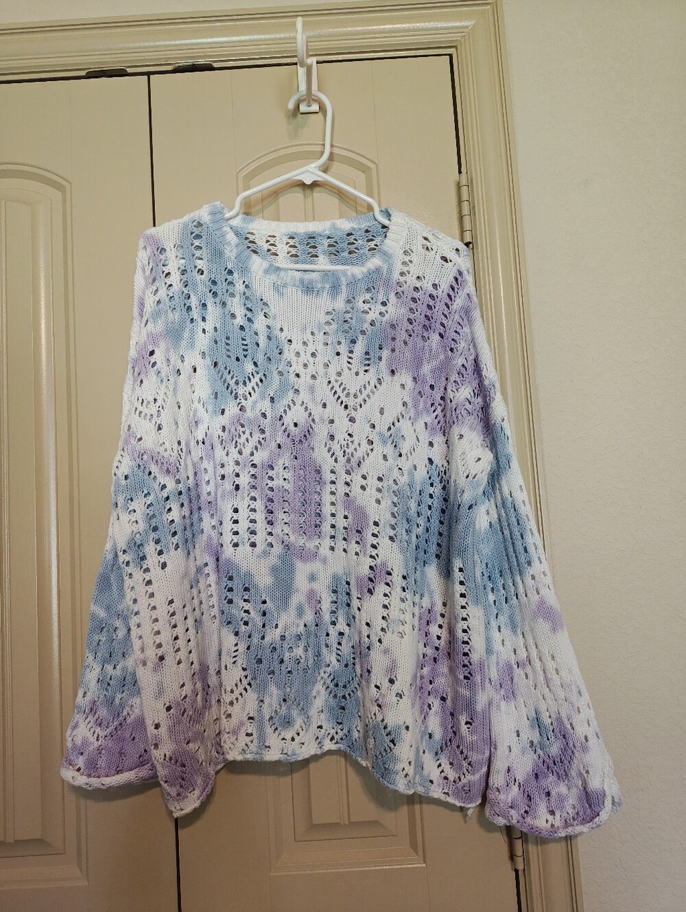 Free People 100% Cotton Pastel Tie Dye Open Knit Sweater Blue Lavender M NWOT
